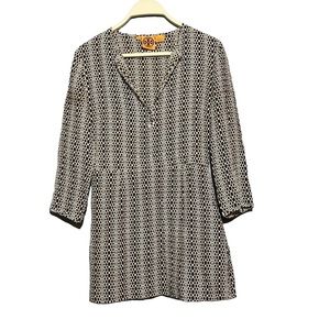 Tory Burch Women Blouse Silk Size 2 Tunic Shirt Brown Geo Casual Workwear Vneck